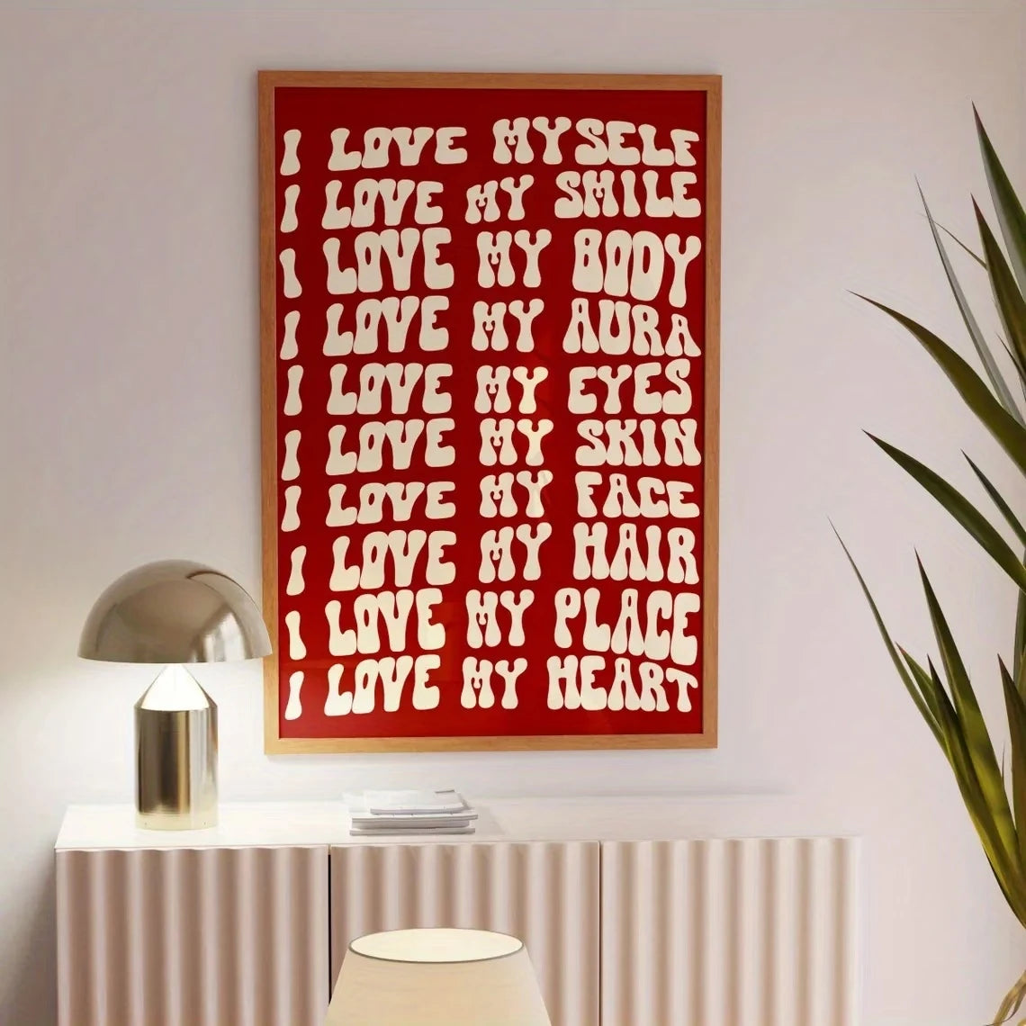 affiche moderne Love Myself rouge minimaliste lettres blanches salon chambre deco muristique erotique