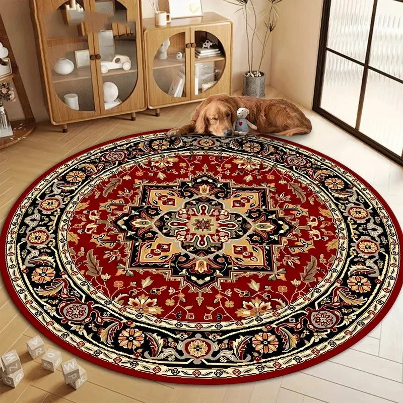 tapis rond géométrique floral traditionnel rouge noir beige bleu salonextérieur