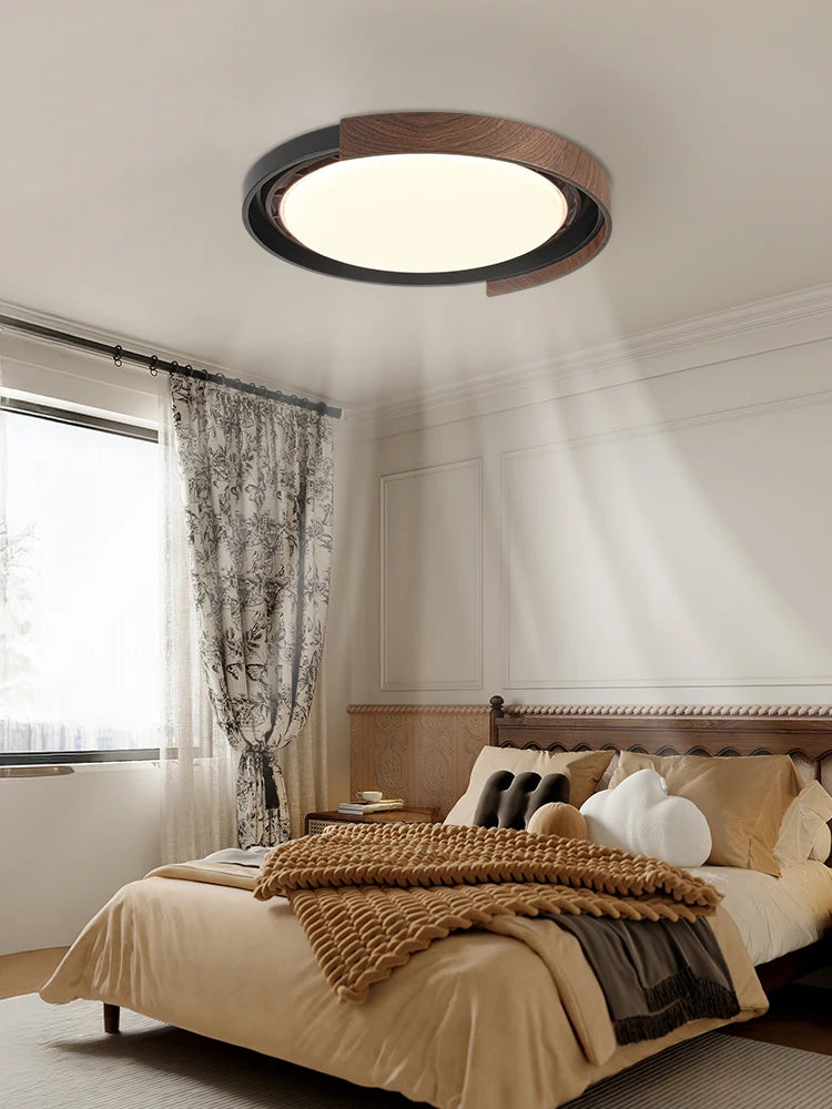 luminaire moderne bois grainé marron foncé éclairage ventilateur led invisible chambre coucher
