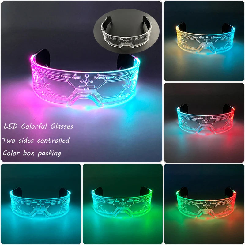 lunettes lumineuses led futuristes transparentes paillettes circuit imprimé élastique fête rave club nuit