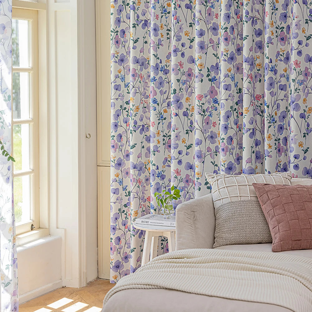 rideau floral violet semi transparent bohème romantique salon moderne tringle rideaux