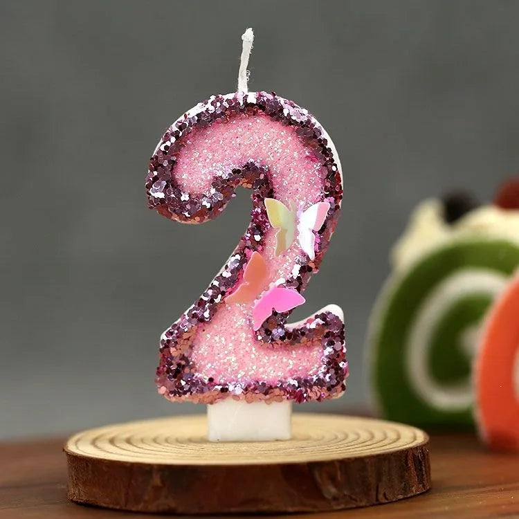 bougies numéraires pailletées rose violet blanc papillons relief décoration fil fixe anniversaire saint valentin
