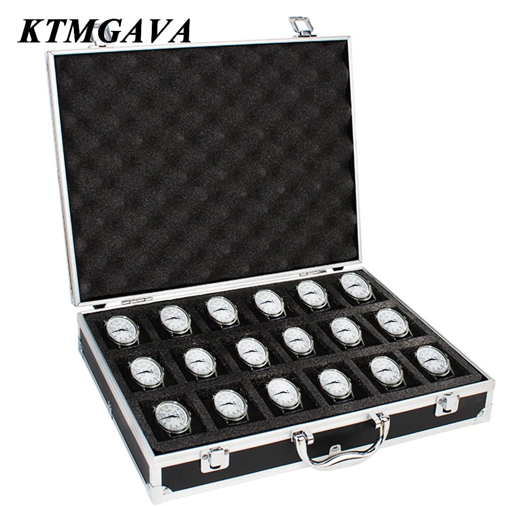boîte montres moderne 12 slots aluminium noir mousse intérieure poignées métalliques