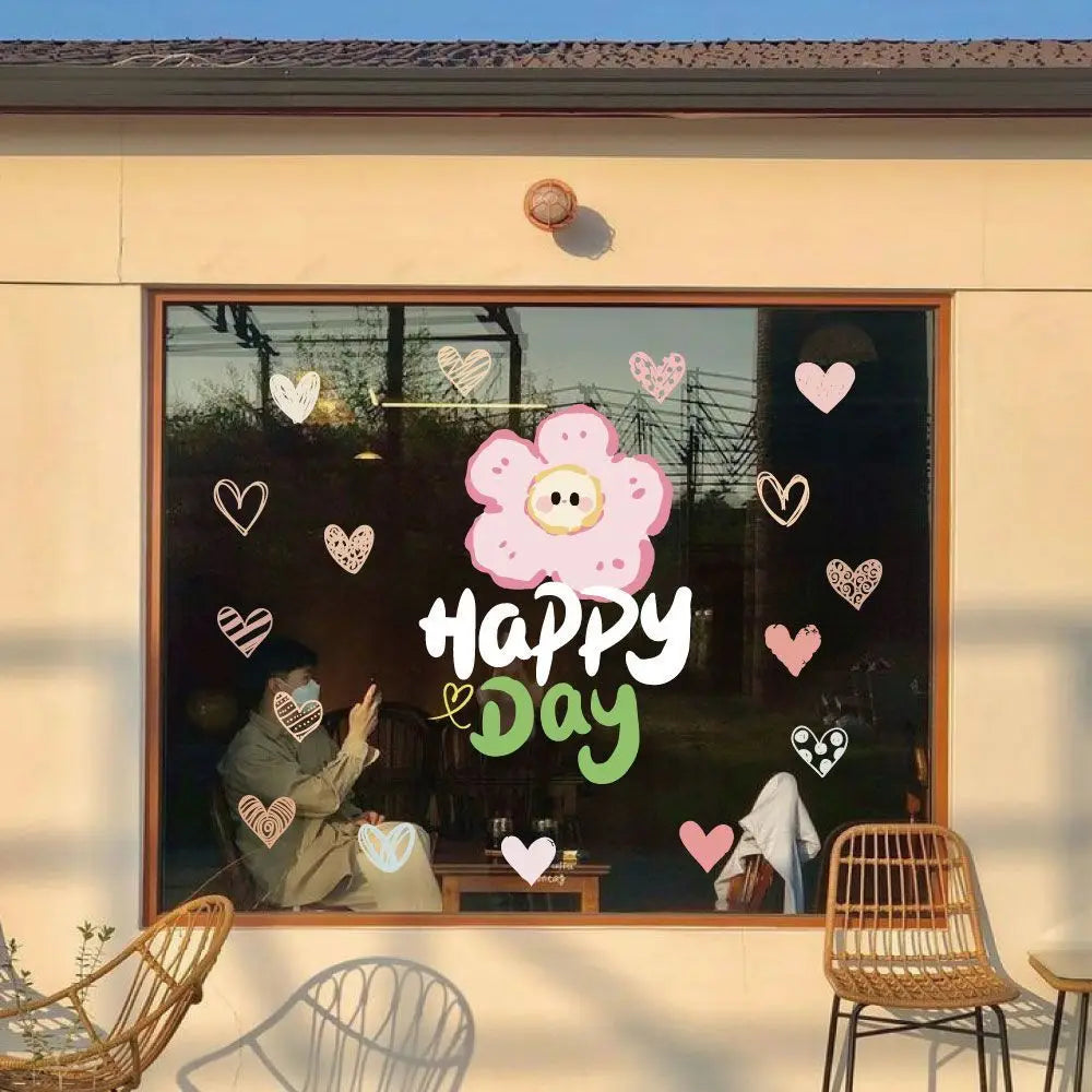 autocollant mural fleurs stylisées happy day dessin animé mignon rose blanc jaune vert pvc