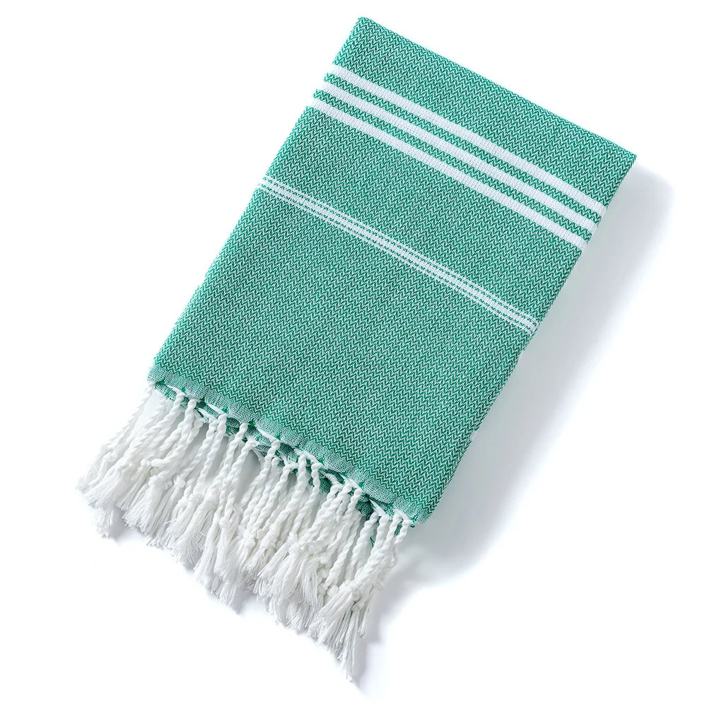 serviette plage coton rayée bleu clair rose franges rapide absorption moderne rustic