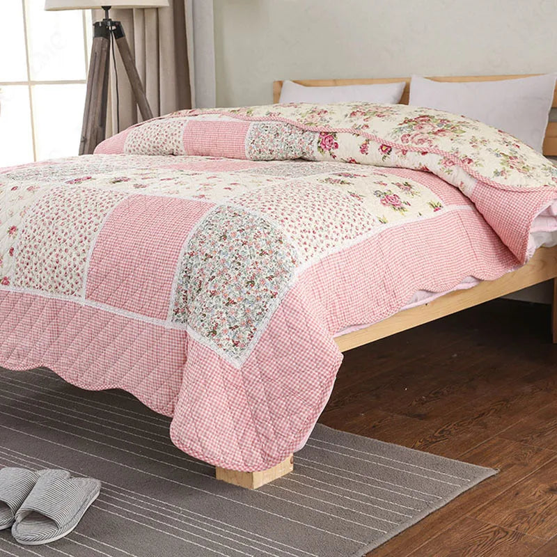 couvre lit patchwork fleuri rose blanc vintage moderne coton adultes maisonDecoration