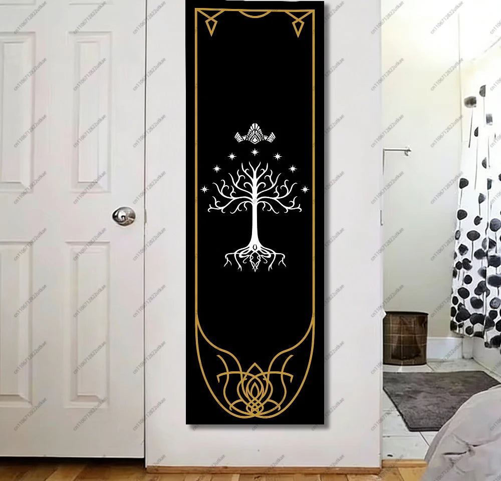 tapis yoga noir blanc arbre stylisé branches racines motifs dorés moderne minimaliste