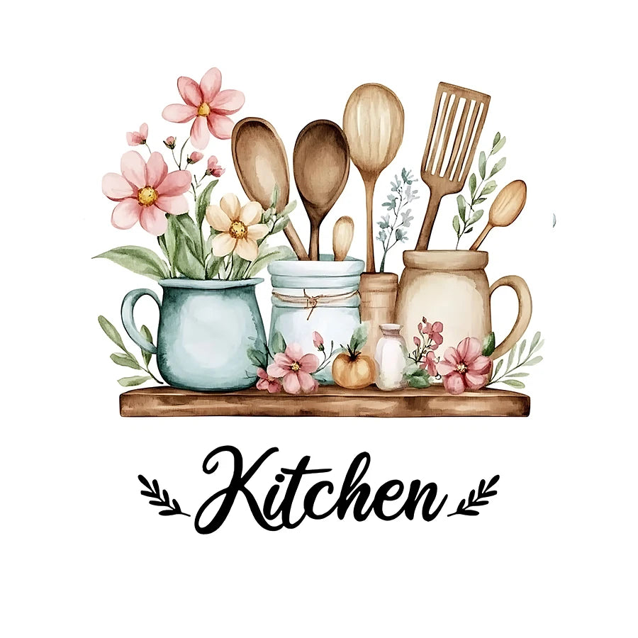 autocollant mural multicolore fleurs ustensiles cuisine texte kitchen illustration décoration maison nouvelle classe post