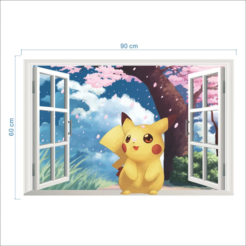 sticker mural 3d pokemon pikachu personnages animés arrière plan naturel adhésif