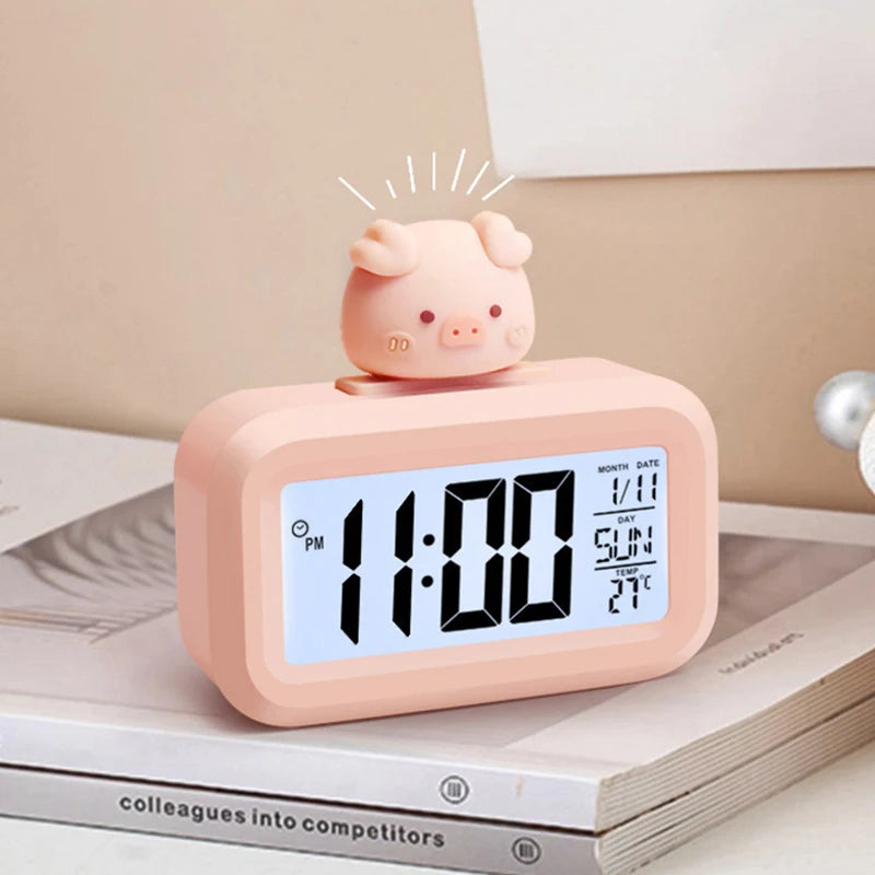 réveil horloge numérique led rose clair indicateur date température cochon figurine minimaliste
