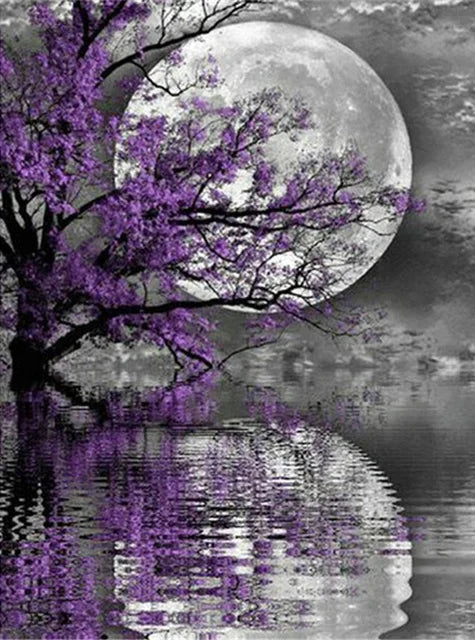broderie arbre fleurs violettes toile coton 11ct paysage nuit cadres violet noir blanc