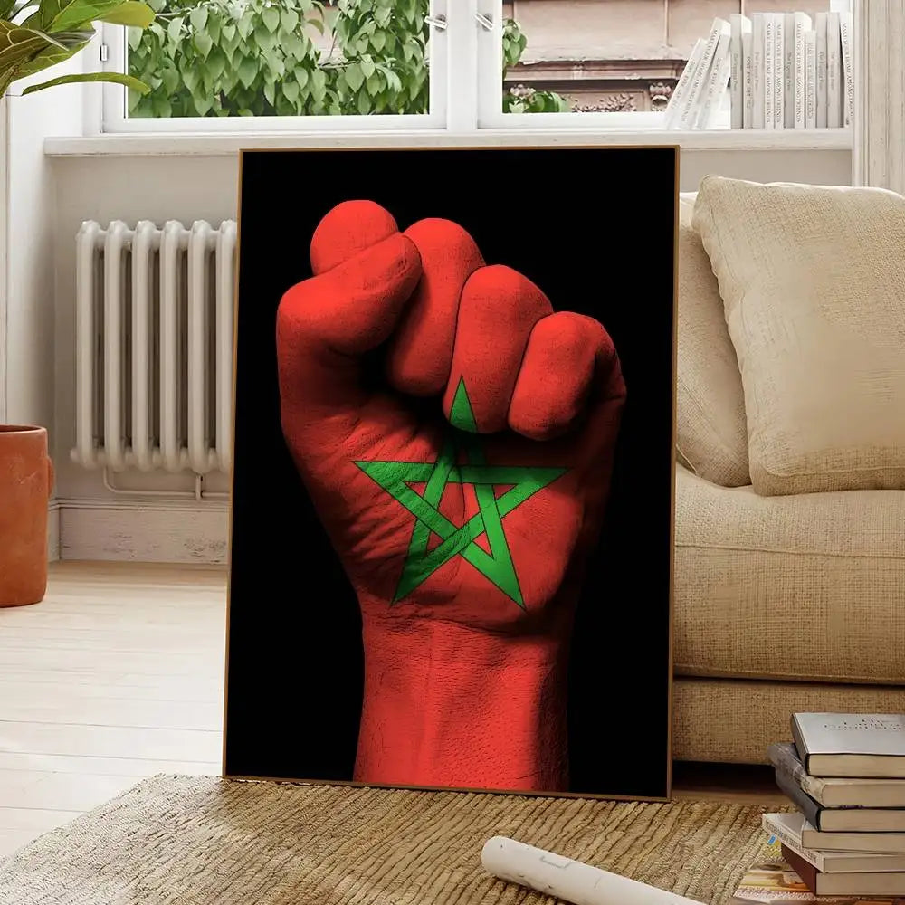 affiche murale drapeau marocain cadre bois décoration salon chambre moderne rouge vert noir