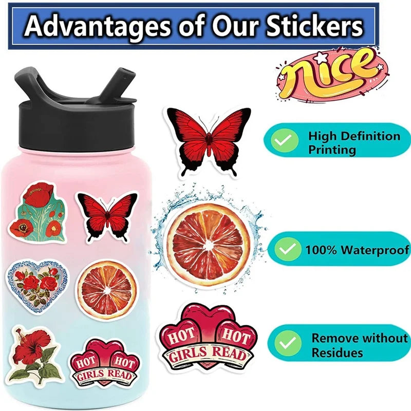 sticker vintage fleurs papillons coeurs blanc rouge enfants décoration scrapbooking fournitures scolaires