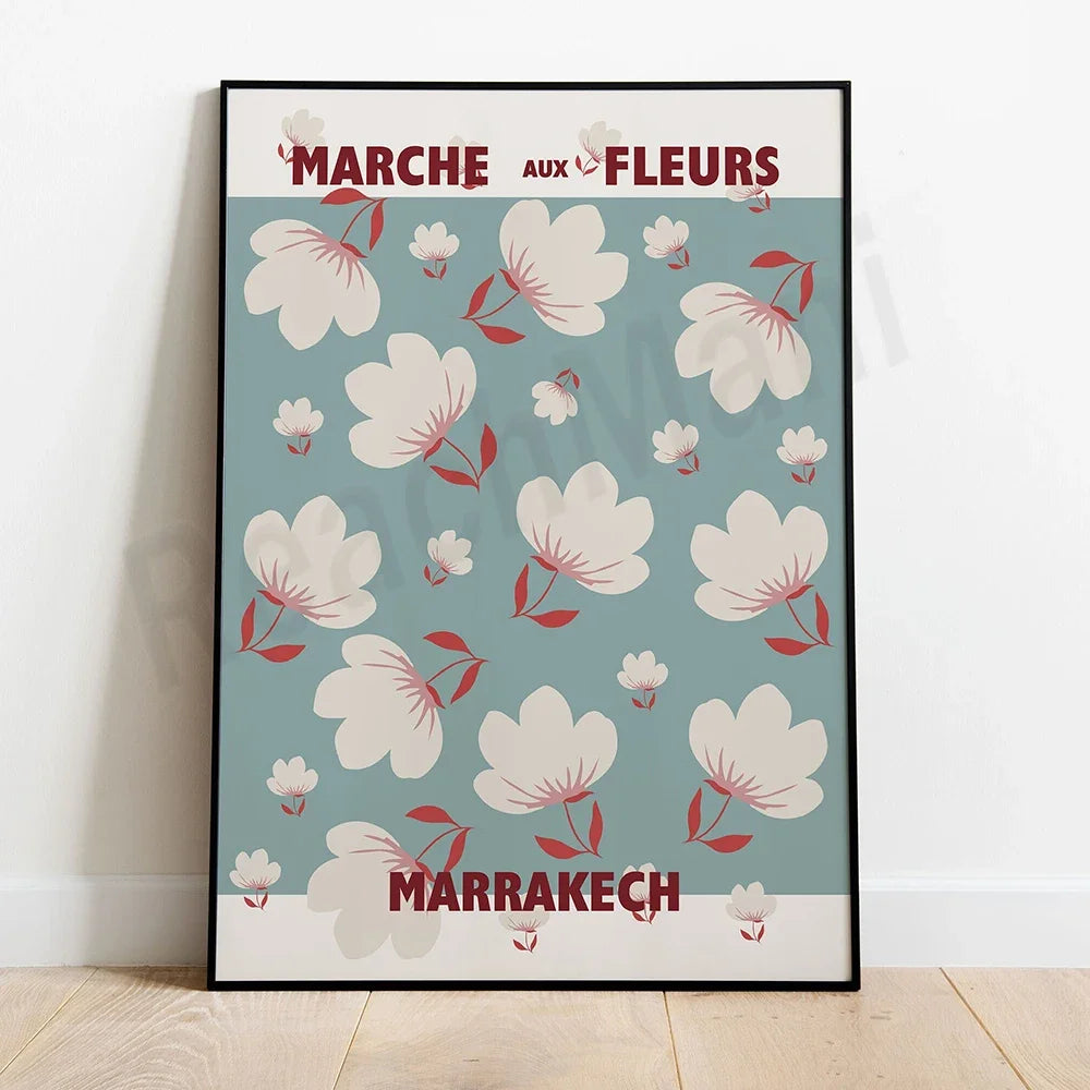 Affiche vintage avec des fleurs épanouies et le texte "Marche aux Fleurs Marrakech" dans un style élégant et coloré.