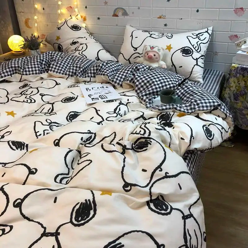 ensemble literie snoopy motif carreaux blanc noir jaune étoiles enfantin moderne 4pièces