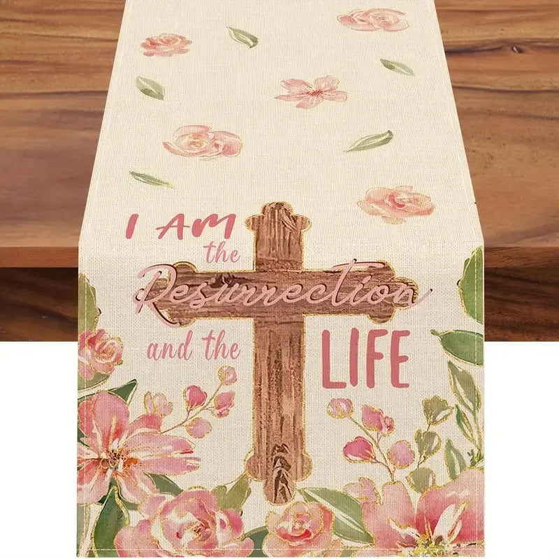 table pâques rectangle polyester fleurs lapins œufs happy easter beige blanc festive pastorale