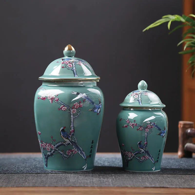 pot thé céramique artisanal fleurs oiseaux peintes main vert clair traditionnel couvercleDecorationMaisonVaseFleurs