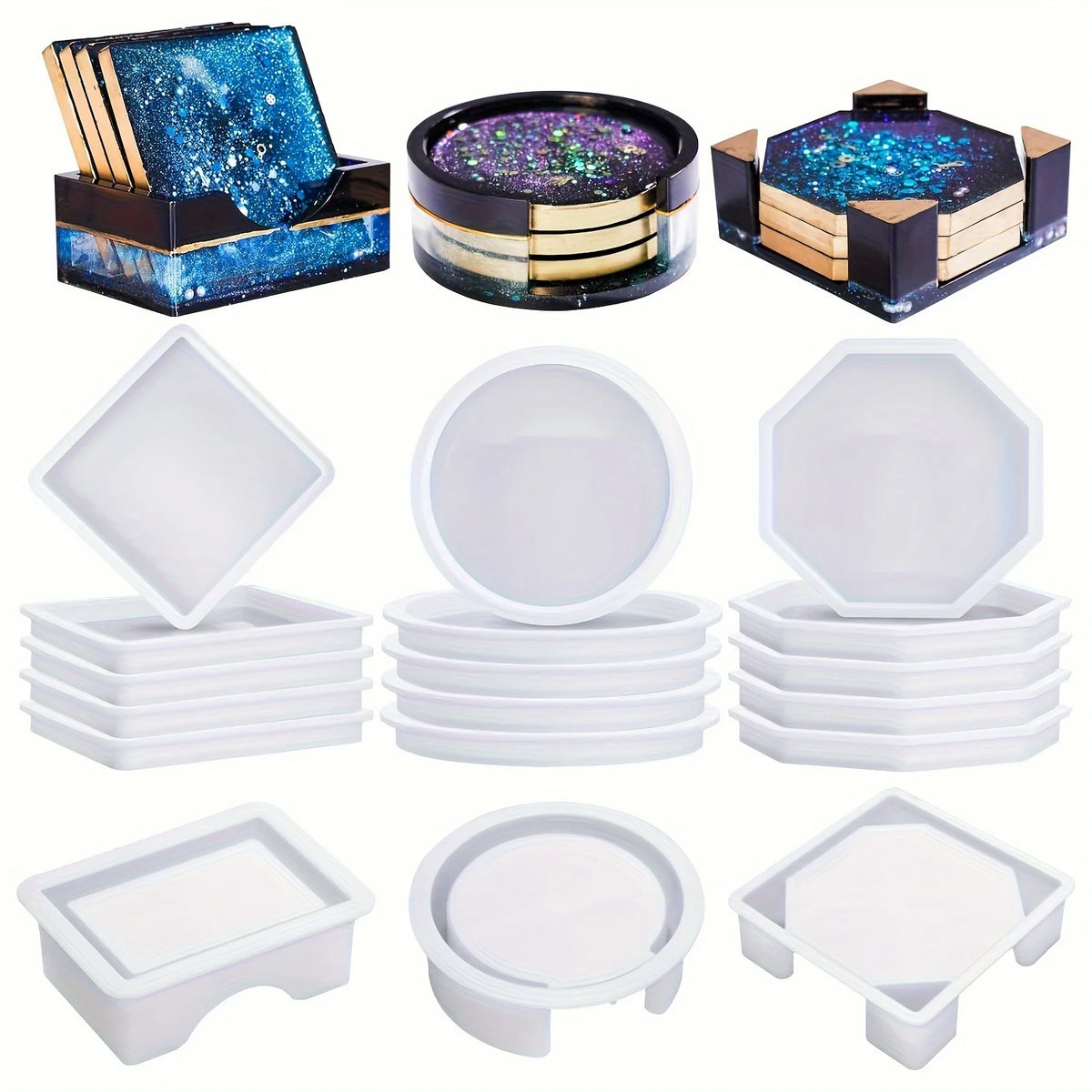 moules résine silicone motifs modernes fleurs séchées marbré carrés ronds octogonaux décoration artisanale posavasos