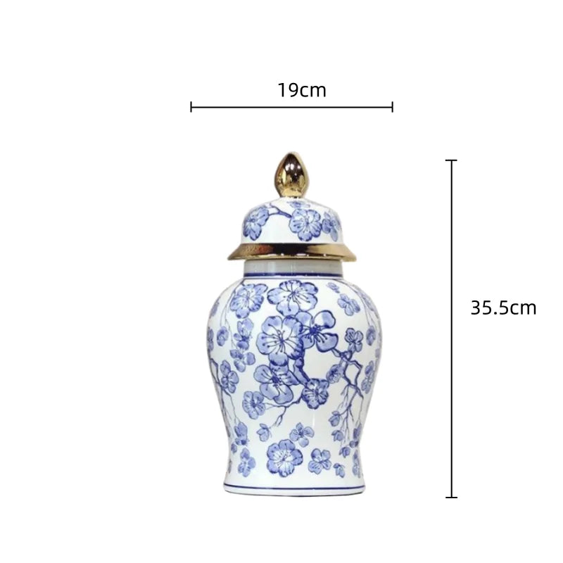 pot épices céramique blanc bleu fleurs cerisier couvercle poignée dorée traditionnel deco intérieur moderne