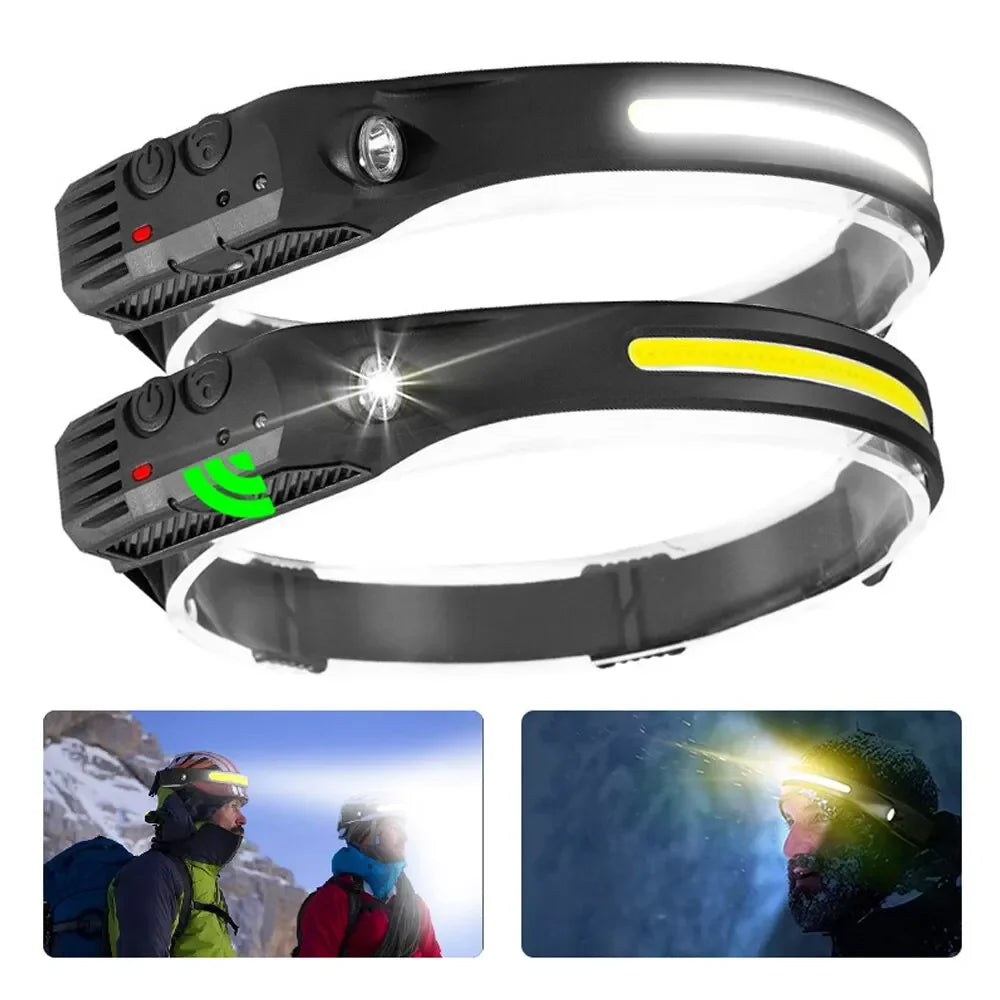 lampe frontale led rechargeable modes éclairage noir jaune blanche rouge bandes élastiques cible fishing