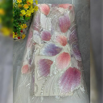 tissu brodé fleurs gris rose vert violet blanc tissu polyester opacité