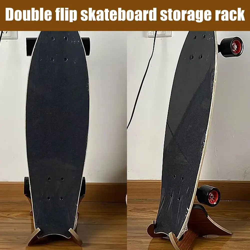 support rangement rack planche skateboard bois naturel noir minimaliste clips noirs moderne