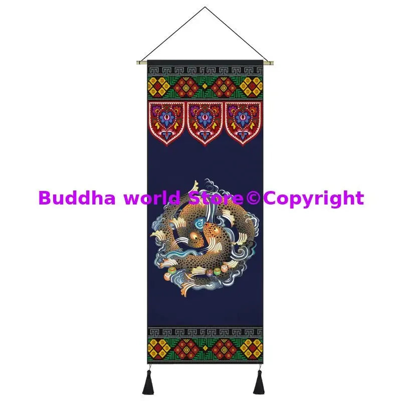 tapisserie bouddhiste ornements religieux symboles géométriques bleu multicolore crochets métalliques