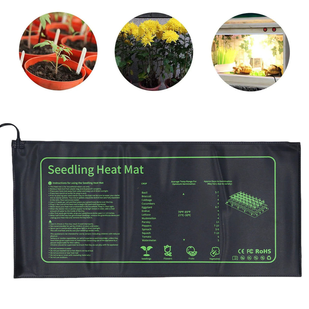 tapis chauffant semis plantes pvc ipx7 noir vert imprimé instructions clips câble pratique horticulture