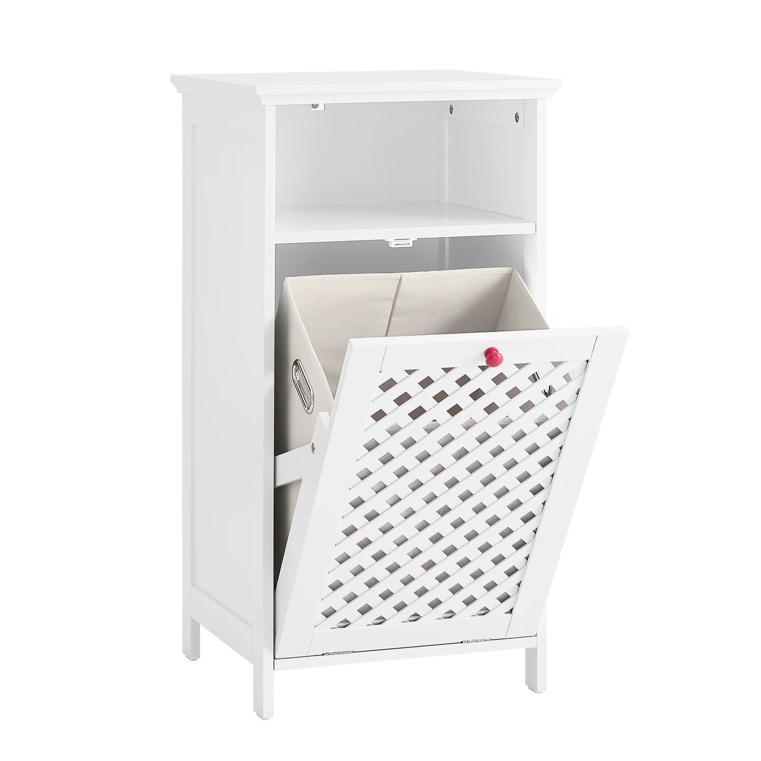 Armoire de salle de bain avec portes tressées et poignées rouges détaillées