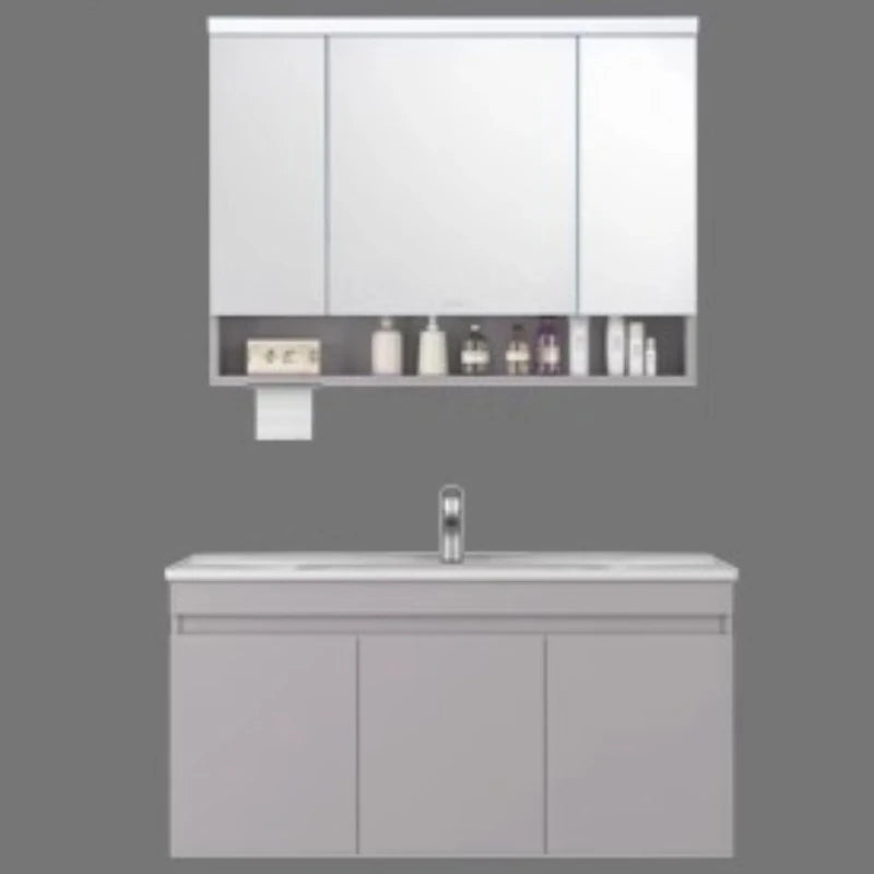 meuble salle bain moderne gris clair étagère distributeur papier toilette accessoires salle bain miroir