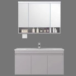 meuble salle bain moderne gris clair étagère distributeur papier toilette accessoires salle bain miroir