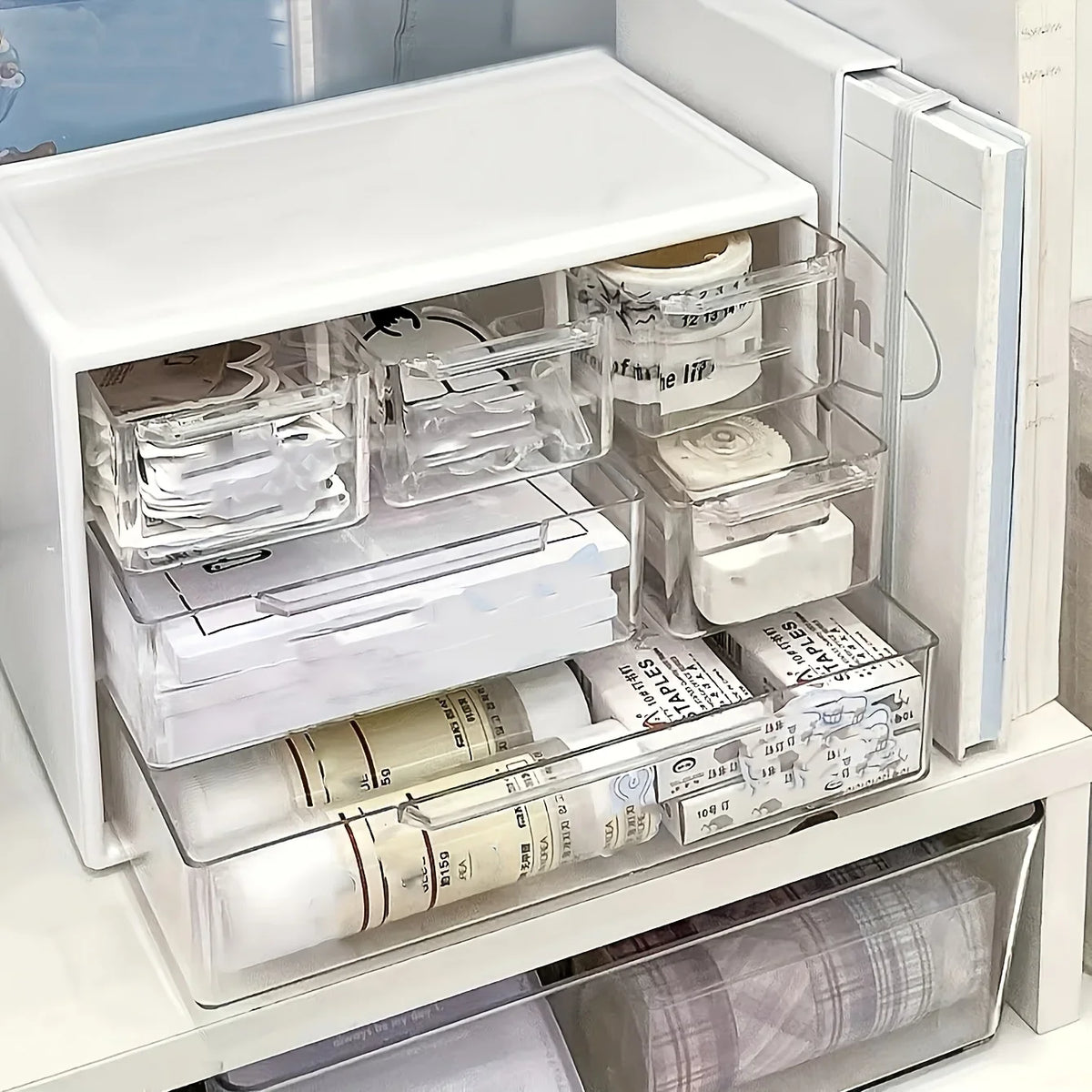 boîtes rangement transparentes blanc étiquettes autocollantes moderne multifonctionnelle fournitures papeterie réutilisable plastique minimaliste