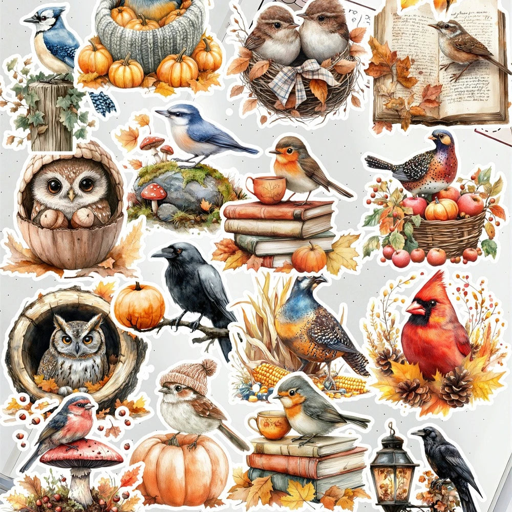 stickers automnaux multicolores oiseaux champignons illustration adhésifs DIY bagages skateboard téléphone portable