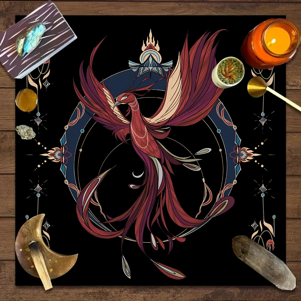 tapis décoratif phénix papillons cristaux astrologie noir rose blanc vert bleu doré moderne fantastique