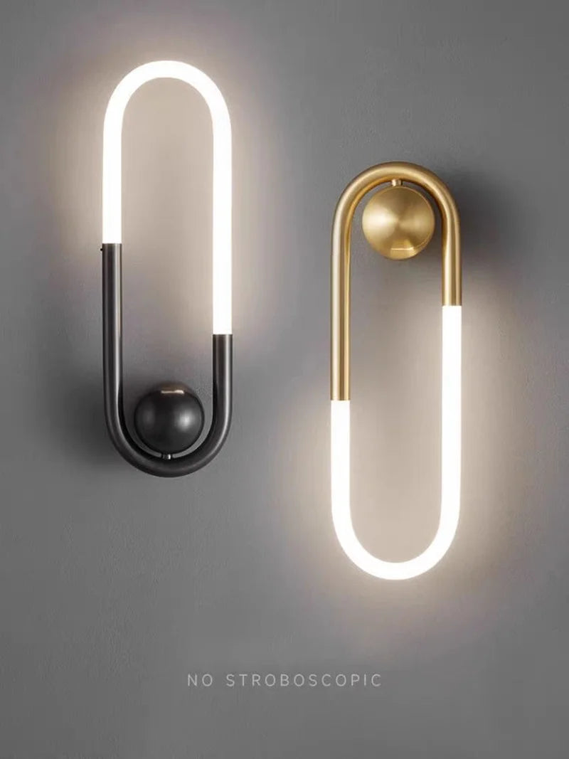 applique murale moderne minimaliste noir doré lumière blanche led fixée mur deux tubes incurvés