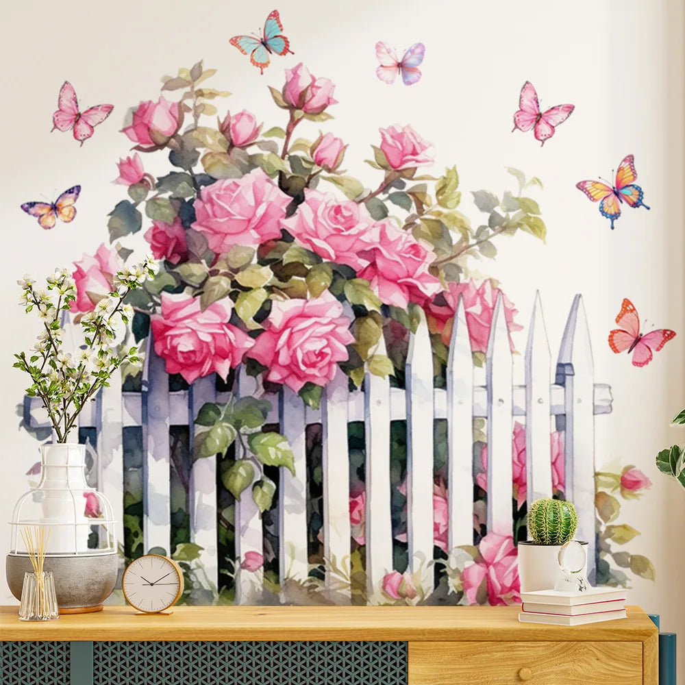 décoration murale adhésive sticker floral rose clôture papillons aquarelle chambre salon