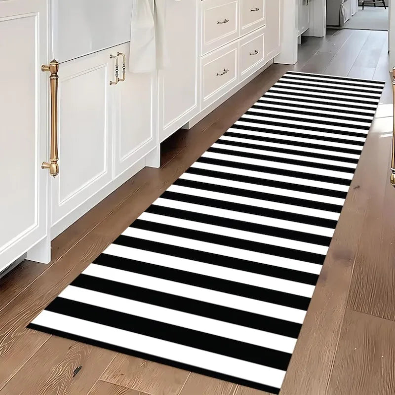 tapis moderne noir blanc rayures salon chambre salle bain lavable polyester aubusson