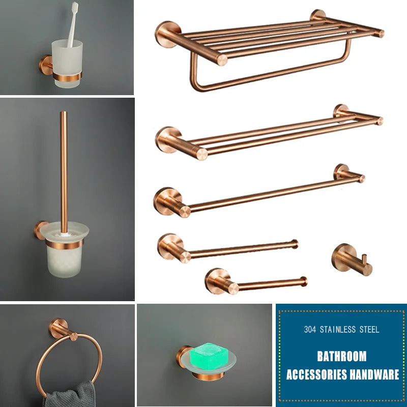 ensemble accessoires salle bain moderne or rose porte serviette savon gobelet mural métal