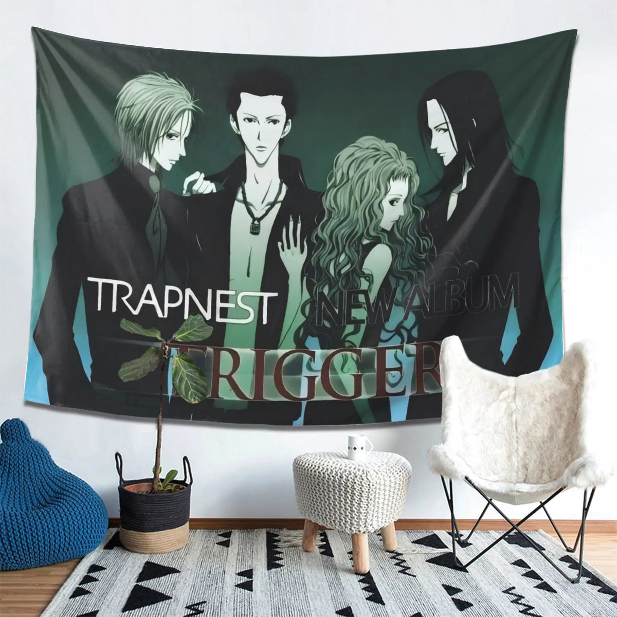 tapisserie murale anime trapnest trigger personnages rock japonais noir vert blanc illustration album musique