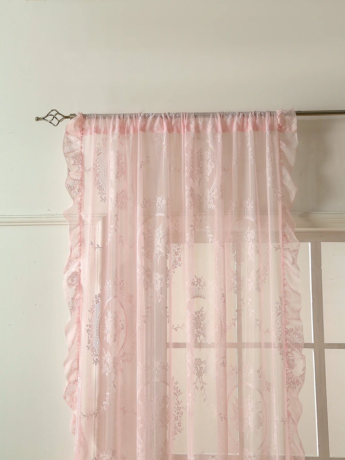 rideau rose broderie florale transparent classique salon chambre coucher décoration maison