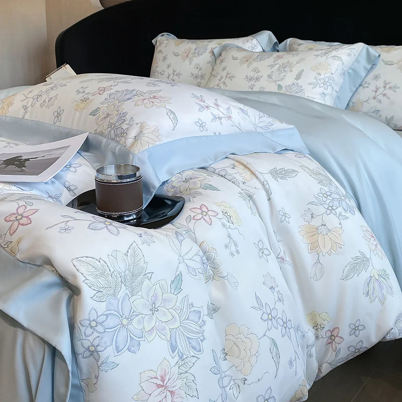 ensemble literie fleurs gris blanc housse couette drap taies oreiller lyocell eucalyptus doux