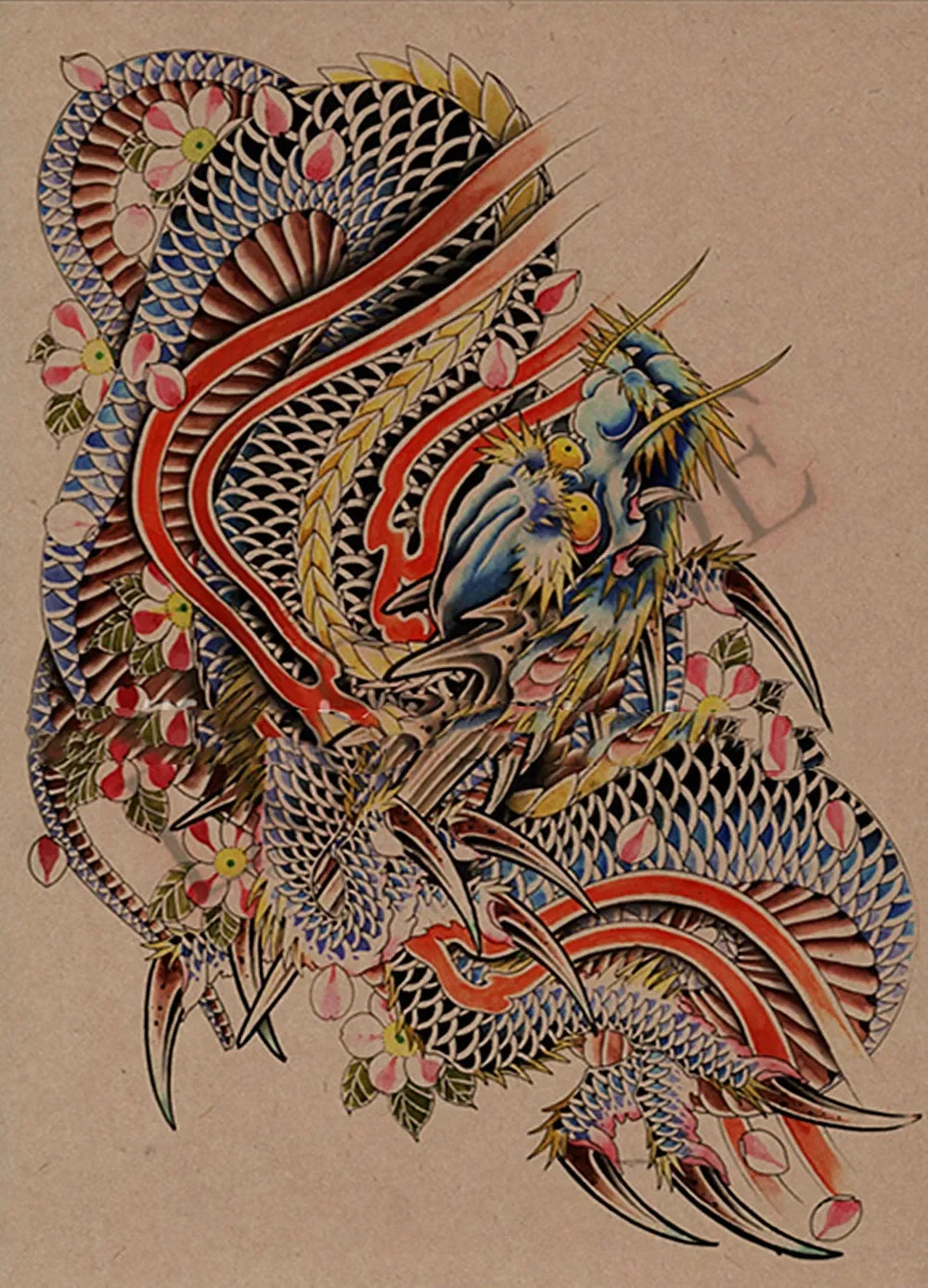 tattoo temporaire tatouage japonais dragon femme fleur noir blanc rouge vert bleu or