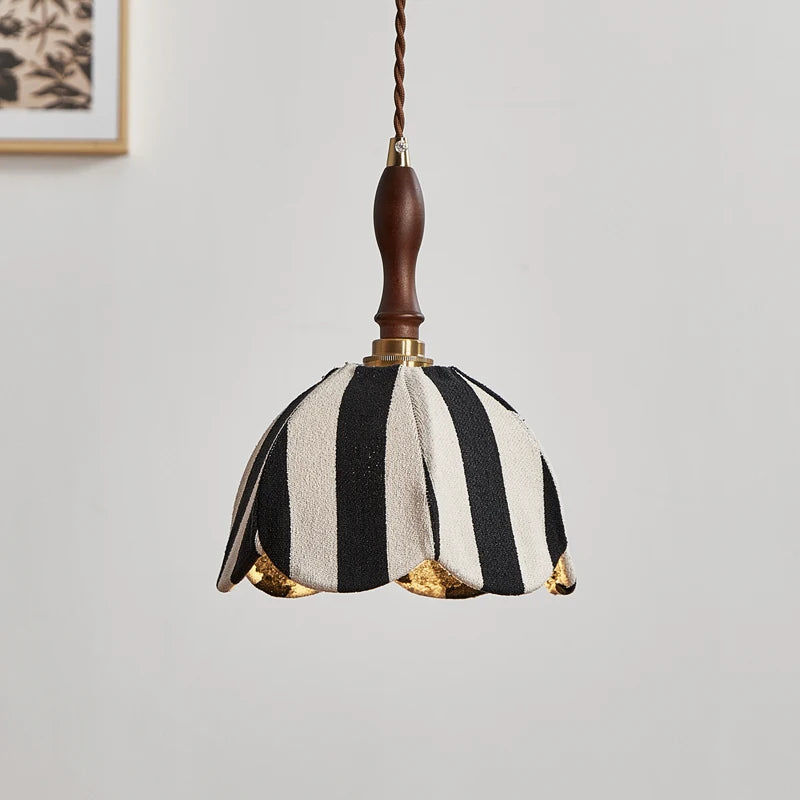 lampe suspendue vintage tissu rayures noire blanche dorée câble ajustable salon chambre