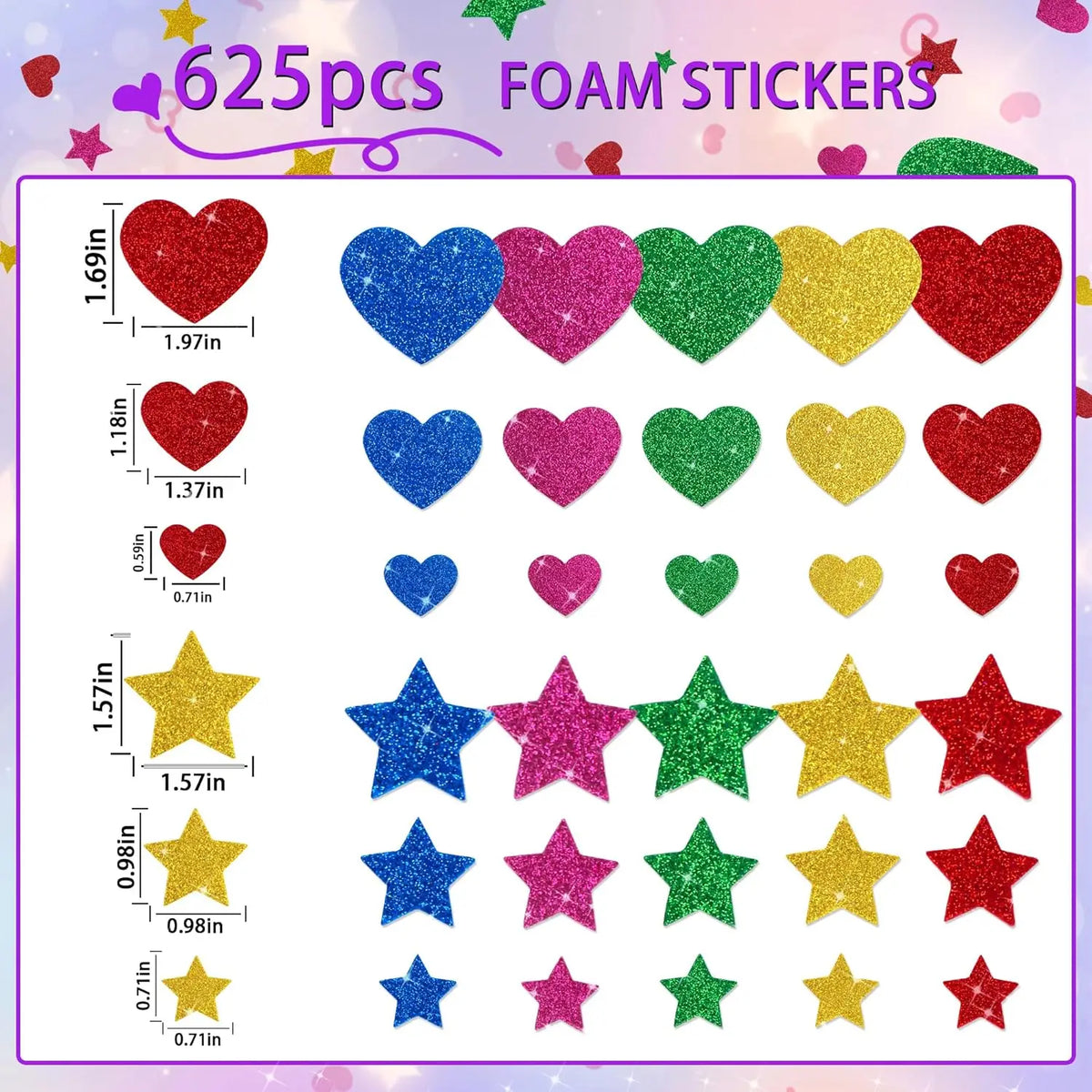 stickers mousse brillants coeurs étoiles multicolores adhésifs décoration festive valentin rouges verts bleus jaunes