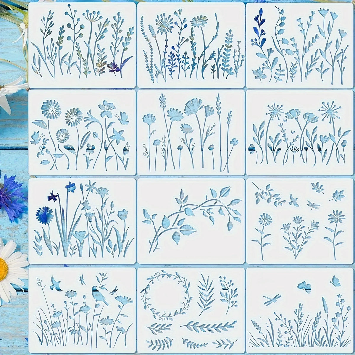 stencils peinture fleurs motifs floraux art floral naturel minimaliste couleurs variées usage multiple