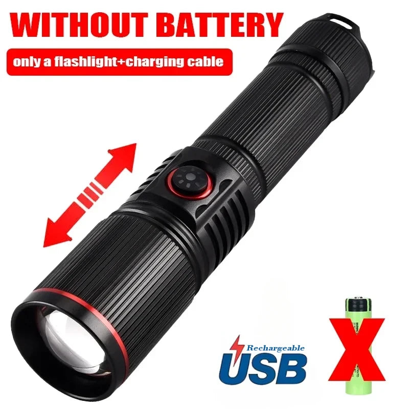 lampe torche led rechargeable 30w intense 500m rayures noire camping