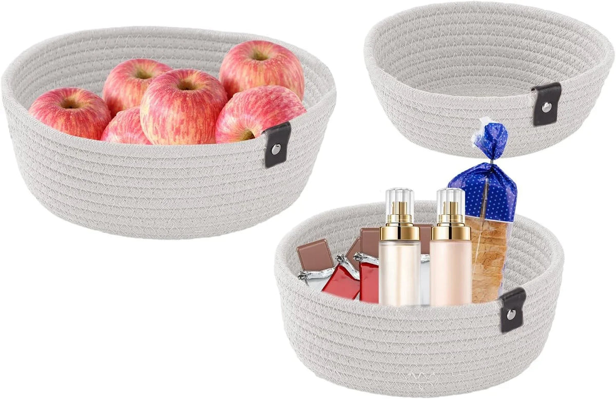 paniers rangement tressés gris clair motif cordelet rustique ensemble trois tailles différentes
