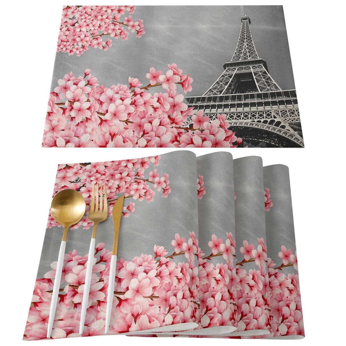 serviettes table imprimées tour eiffel fleurs cerisier moderne rose gris beige