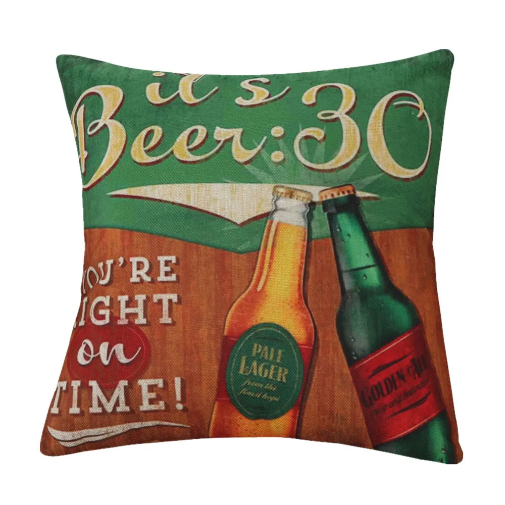 housse coussin vintage bière vin motifs rétro multicolores coton lin décoration canapé chaise 45x45cm