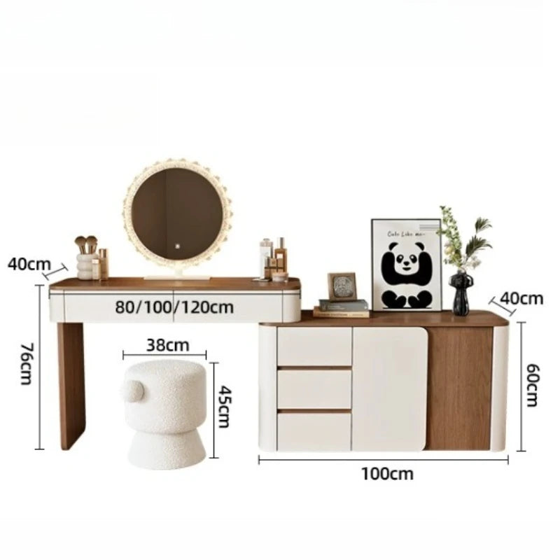 coiffeuse moderne minimaliste miroir led tabouret rangement tiroirs blanc marron foncé
